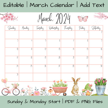 Editable March 2024 Calendar Printable | PDF & PNG File Downloads