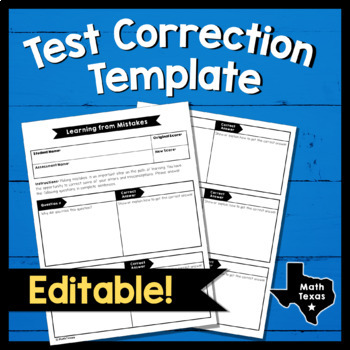 Preview of Editable Math Test Corrections Template - Exam Correction and Reflection Form