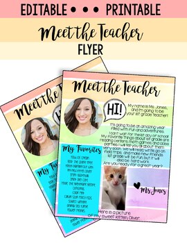 Preview of Editable Meet the Teacher Template Flyer - Rainbow- Colorful - Watercolor - Bio