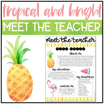 Preview of Tropical and Bright Classroom Decor: EDITABLE MEET THE TEACHER