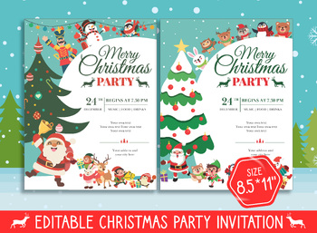 Preview of Editable Merry Christmas Party Invitation, 2 Designs, 2 Sizes (8.5"x11" & 5"x7")