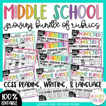 Preview of Editable Middle School ELA Writing Rubrics Reading Language | Growing Bundle