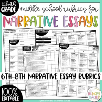 Preview of Editable Middle School Narrative Essay Rubrics for 6th 7th and 8th Grade ELA