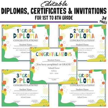 Preview of Editable Modern First Grade Diplomas, 1st-8th Grade Certificates, and Invitation