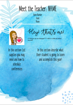 Preview of Editable Modern Watercolor Meet the Teacher Parent Handout