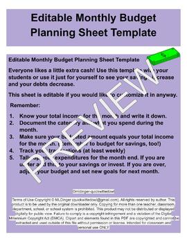 Preview of Editable Monthly Budget Planning Sheet Template