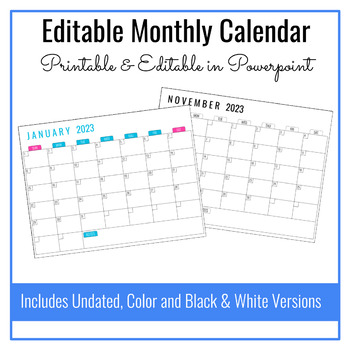 Editable Monthly Calendar 2023 Printable & Editable in Powerpoint