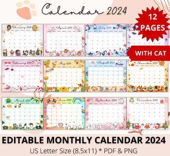 Preview of Editable Monthly Calendar 2024, Cat Calendar Printable, Digital Calendar 2024