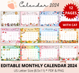 Editable Monthly Calendar 2024, Cat Calendar Printable, Di