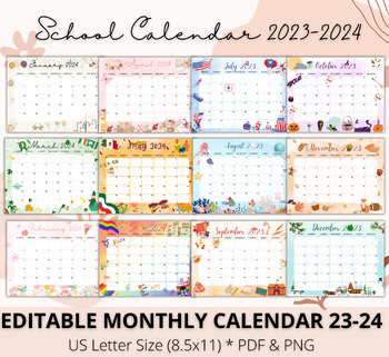 Preview of Editable Monthly Calendar 23 24, Holiday Calendar, Academic Planner, Printable