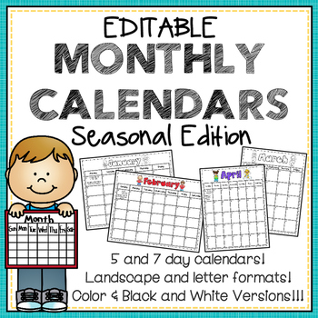 Preview of Editable Monthly Calendar Templates - Seasonal Theme - Landscape & Letter Format