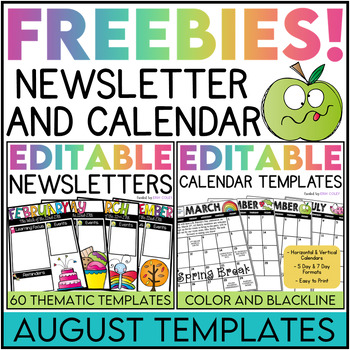 Preview of Editable Monthly Calendar & Weekly Newsletter Templates FREEBIE August Sample