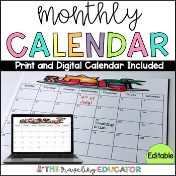 monthly calendar template editable by the traveling educator tpt