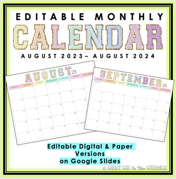 Preview of Editable Monthly Calendar on Google Slides for the 2023-2024 School Year