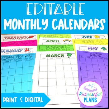 Editable Monthly Calendars 2018-2019 for Classroom Management | TpT