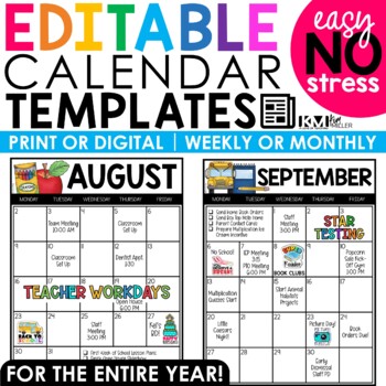 Preview of 2024-2025 Editable Monthly Calendar Templates Printable & Digital | Free Updates