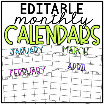 Preview of Editable Monthly Calendars | FREEBIE