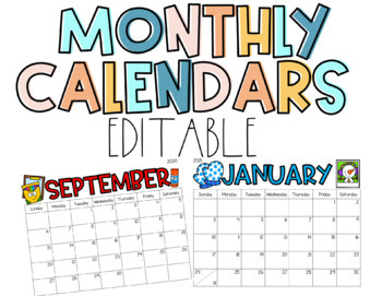 Preview of Editable Monthly Calendars | 2023-2024 | Printable Monthly School Year Calendars