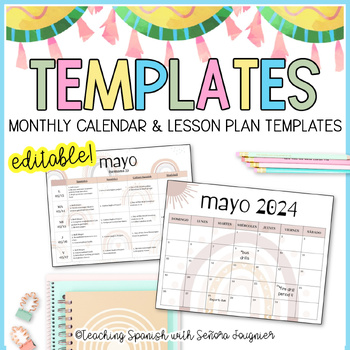 Preview of Editable Monthly Calendars and Lesson Plan Templates Boho Rainbow Back to School
