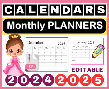 Preview of Editable Monthly Calendars with FREE Updates - 2024 & 2025 Planner . zip for all