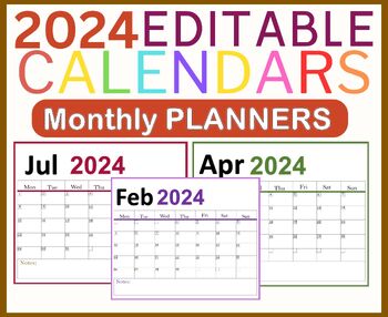 Preview of Editable2024 Blank Teacher MONTHLY CALENDAR Print Out Printable Templates Pastel
