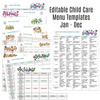 Preview of Editable Monthly Child Care Menu Templates Jan-Dec