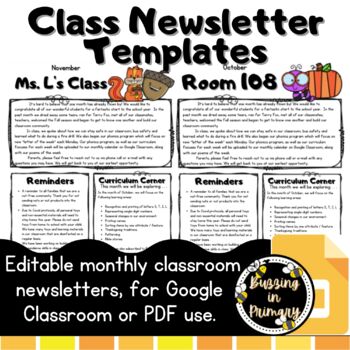 Preview of Editable Monthly Class Newsletter Templates (Google Slides) 