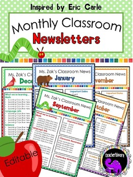 Preview of Editable Monthly Classroom Newsletter - Eric Carle inspired theme