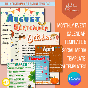 Preview of Editable Monthly Event Calendar Flyer Template, Printable and Social Media Flyer