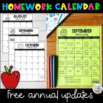 Preview of Editable Monthly Homework Calendar-Free Annual Updates