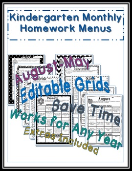 Preview of Editable Monthly Homework Menus - Microsoft Publisher File - PreK, KG, 1st-4th