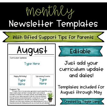 Preview of Editable Monthly Newsletter Templates with Gifted Support Tips
