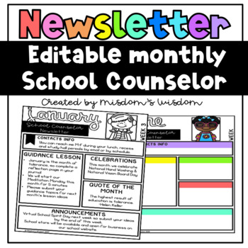 Preview of Editable Monthly School Counselor Newsletters