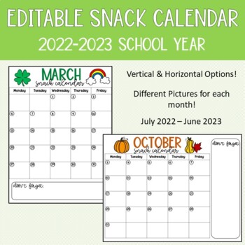 Preview of Editable Monthly Snack Calendar PREVIEW