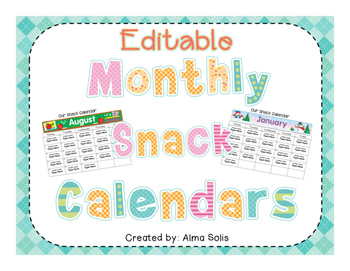 Preview of Editable Monthly Snack Calendars 2023-2024