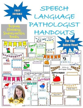 Preview of Editable Monthly Speech/Language Parent Handouts for Young Elementary Students