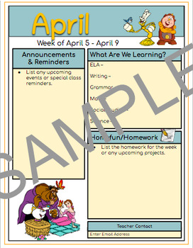 Preview of Editable Monthly/Weekly Disney Themed Newsletter - April - Beauty and the Beast