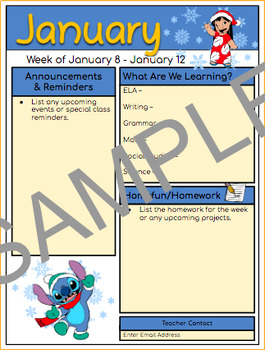 Preview of Editable Monthly/Weekly Disney Themed Newsletter - January