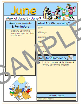 Preview of Editable Monthly/Weekly Disney Themed Newsletter - June