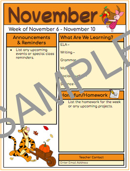 Preview of Editable Monthly/Weekly Disney Themed Newsletter - November - Tigger