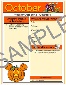 Preview of Editable Monthly/Weekly Disney Themed Newsletter - October