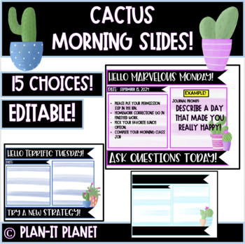 Preview of Editable Morning Meeting Slides!  Cactus!  15 Choices!