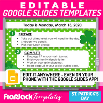 Preview of Editable Morning Work Presentation Google Slides PPT Templates | St. Patrick's