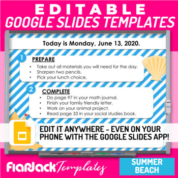 Preview of Editable Morning Work Presentation Google Slides PPT Templates | Summer Beach