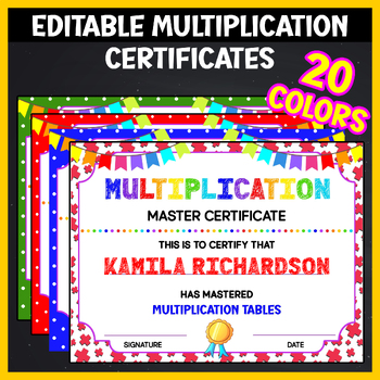 Preview of Editable Multiplication Master Certificate Pi Day Maths Master Award 20 Colors