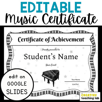 Preview of EDITABLE Music Recital Certificate Template for End of Year Concert - Piano