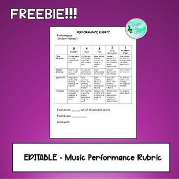 Preview of Editable Music Performance Rubric- Freebie!
