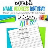 Editable My Name, My Address, Birthday Practice Worksheet 