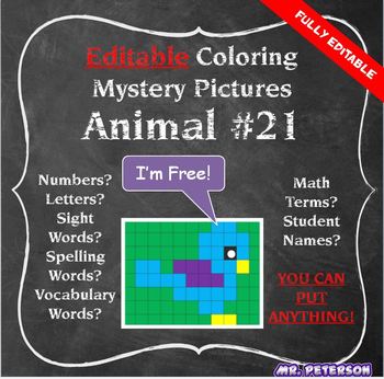 Preview of Editable Mystery Picture Animal #21 - Sight Words Spelling Vocabulary ANYTHING