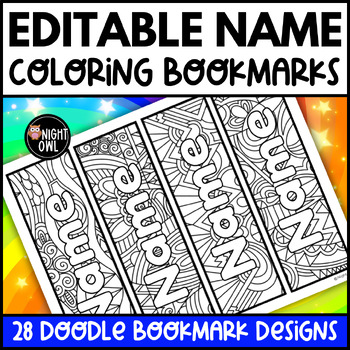 Preview of Editable Name Bookmarks to Color - Back to School Doodle Coloring Bookmarks